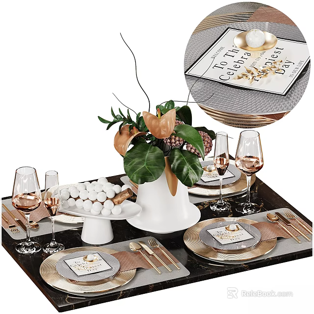 Elegant Decorative Ornament Set For Dining Table With Plant Gold Accents Wine Glasses And Tableware 3d model 