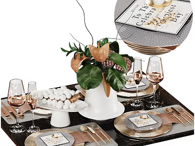 Elegant Decorative Ornament Set For Dining Table With Plant Gold Accents Wine Glasses And Tableware 3d model