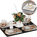 Elegant Decorative Ornament Set For Dining Table With Plant Gold Accents Wine Glasses And Tableware