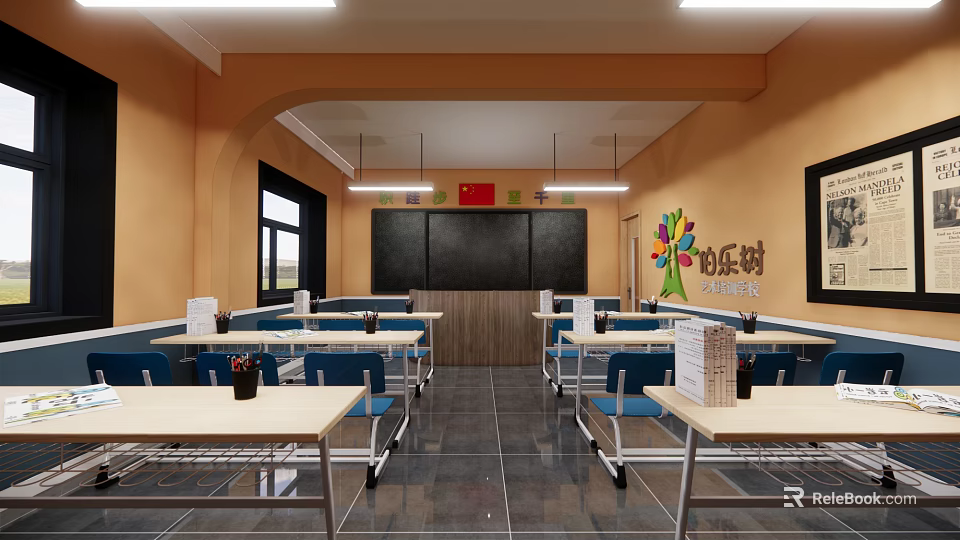 School Canteen Interior with Tables Chairs Blackboard Chinese Flag Colorful Tree Decoration and Tiled Floor 3d model 