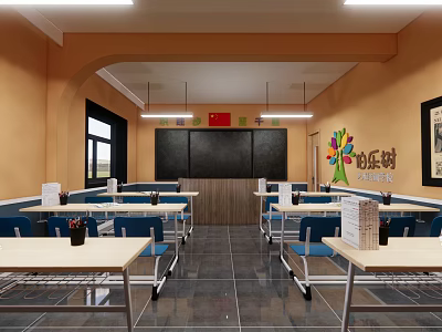 School Canteen Interior with Tables Chairs Blackboard Chinese Flag Colorful Tree Decoration and Tiled Floor 3d model