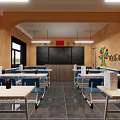 School Canteen Interior with Tables Chairs Blackboard Chinese Flag Colorful Tree Decoration and Tiled Floor