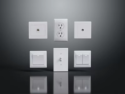 White Electrical Switches and Sockets Hardware Tools Set Arranged on Dark Background with Reflections 3d model
