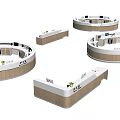 Modern Circular And Rectangular Reception Desks With Wooden Finish And Office Elements 3d model