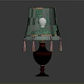 Vintage Table Lamp With Green Yellow Geometric Lampshade And Pink Tassels Dark Red Wooden Base