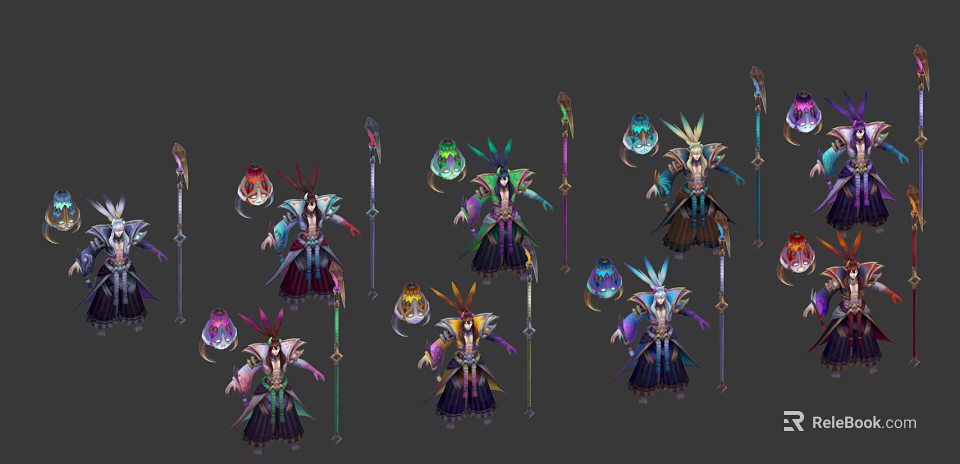 Game Film Characters With Multiple Design Variations Colorful Costumes And Ornate Weapons 3d model 