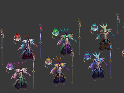 Game Film Characters With Multiple Design Variations Colorful Costumes And Ornate Weapons 3d model