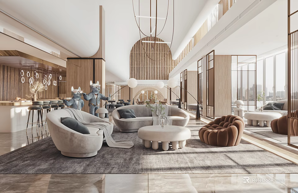 Modern Elegant Sales Office Interior With Comfortable Sofas Round Coffee Tables And Pendant Lights 3d model 