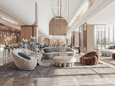 Modern Elegant Sales Office Interior With Comfortable Sofas Round Coffee Tables And Pendant Lights 3d model