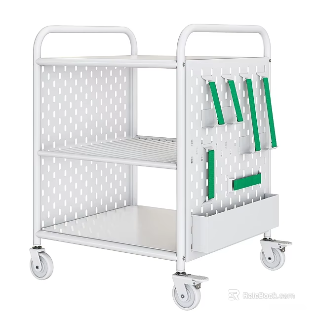 White Hardware Tool Cart With Wheels Green Tool Strips And Storage Shelves 3d model 