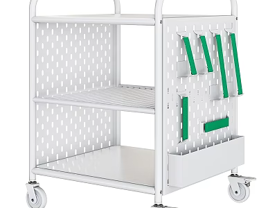White Hardware Tool Cart With Wheels Green Tool Strips And Storage Shelves 3d model