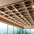 Modern Wooden Ceiling Design With Grid Pattern And Recessed Lighting Near Large Windows 3d model