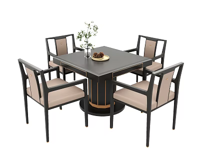 Modern Entertainment Table With Square Black Top Gold Accent Legs And Four Beige Cushioned Chairs 3d model