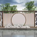 Chinese Scenic Wall With Circular Opening Wooden Slats Rockery Stones Trees And Water Reflection