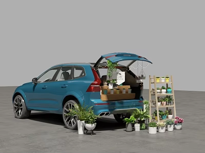 Blue SUV With Open Trunk Carrying Plants And Boxes Near Wooden Plant Stand 3d model