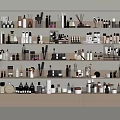 Perfumes and Cosmetics Collection with Bottles Brushes and Containers on Modern Shelves