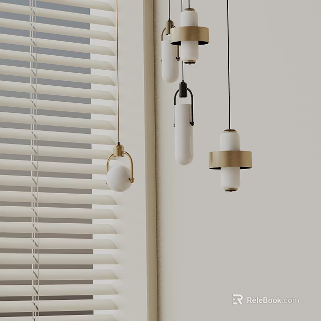 Three Different Designed Pendant Lights With Gold White Wooden Elements And Window Blinds White Walls 3d model 