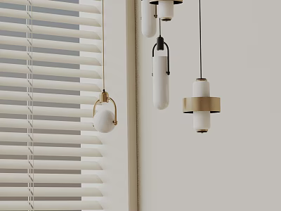 Three Different Designed Pendant Lights With Gold White Wooden Elements And Window Blinds White Walls 3d model