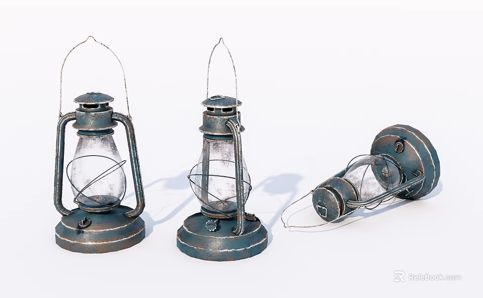 Three Vintage Metal Candle Lanterns With Glass Shades And Distressed Finish 3d model 