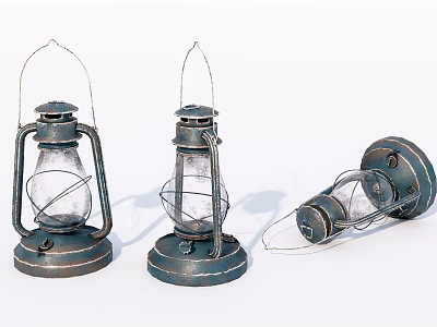 Three Vintage Metal Candle Lanterns With Glass Shades And Distressed Finish 3d model
