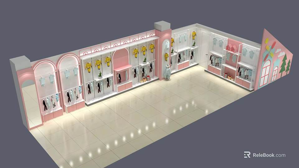 Stylish Clothing Store Interior Design With Pink White Decor Display Racks And Hanging Clothes 3d model 