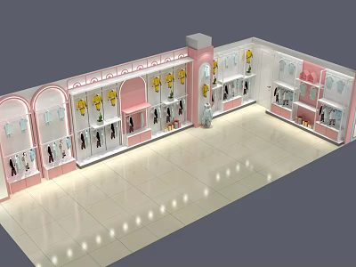 Stylish Clothing Store Interior Design With Pink White Decor Display Racks And Hanging Clothes 3d model