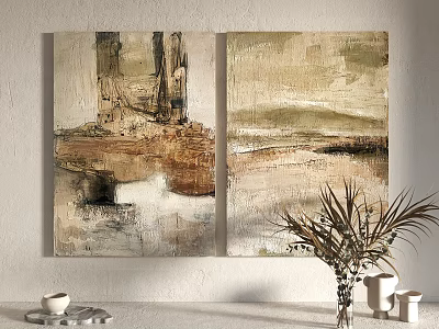 Neutral Tones Abstract Paintings Wall Decor With Textured Brushstrokes And Potted Plant 3d model