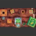 Colorful Pixel Cartoon Scene With Red Table Orange Character Green Plant Yellow Bottle And Book