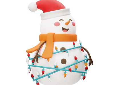 Festive Garden Ornament Snowman With Red Santa Hat Orange Scarf And Colorful Christmas Lights 3d model