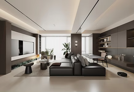Italian Modern Living Room Study Integrated Living Room TV Background Wall Sofa Tea Table Combination Bookcase Background Wall Green Planting Lazy Sofa 3d model