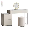 Modern Light Colored Dressing Table With Round Mirror Drawers And Striped Stool 3d model