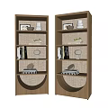 Modern Wooden Bookcase With Layered Shelves Decorative Vases Books Artwork And Wicker Back