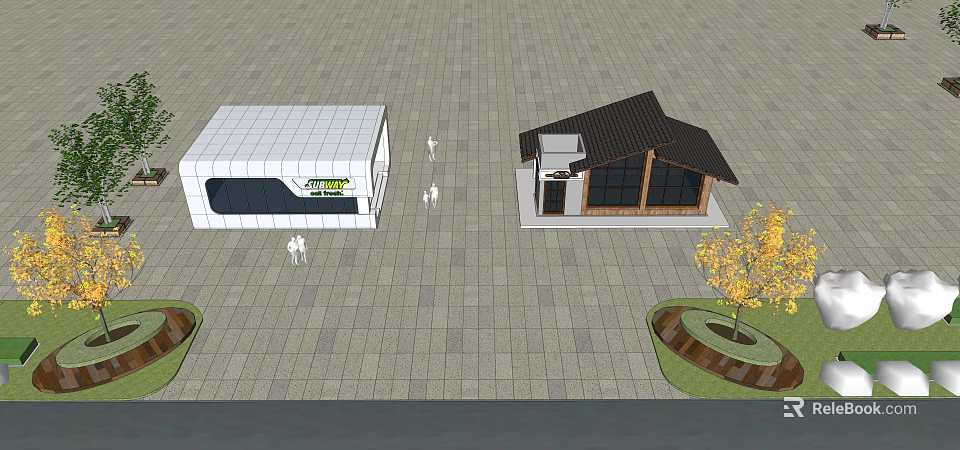 Two Small Buildings With Modern And Traditional Styles And Pedestrians Near Trees On Paved Ground 3d model 