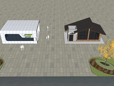 Two Small Buildings With Modern And Traditional Styles And Pedestrians Near Trees On Paved Ground 3d model