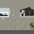 Two Small Buildings With Modern And Traditional Styles And Pedestrians Near Trees On Paved Ground