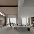Modern Duplex Living Room Interior With Wooden Ceiling Large Windows Gray Sofa And Fireplace