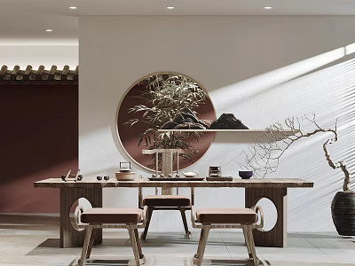 Traditional Chinese Tea Room Interior With Wooden Table Stools Bamboo Plant And Circular Decor 3d model