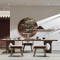 Traditional Chinese Tea Room Interior With Wooden Table Stools Bamboo Plant And Circular Decor