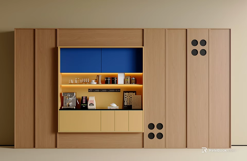 Modern Wooden Sideboard With Blue Cabinet Yellow Base And Black Circular Accents 3d model 