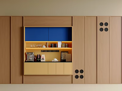 Modern Wooden Sideboard With Blue Cabinet Yellow Base And Black Circular Accents 3d model