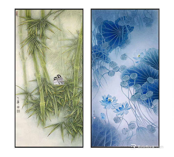 Traditional Ink Paintings With Bamboo Birds And Blue Lotus Lily Pads 3d model 