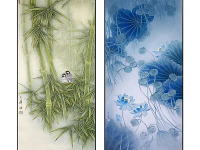 Traditional Ink Paintings With Bamboo Birds And Blue Lotus Lily Pads 3d model
