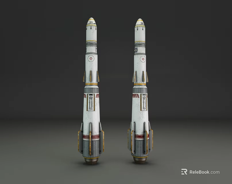 Two White Rocket Missile Weapon Models Featuring Red Stripes And Detailed Metallic Parts 3d model 