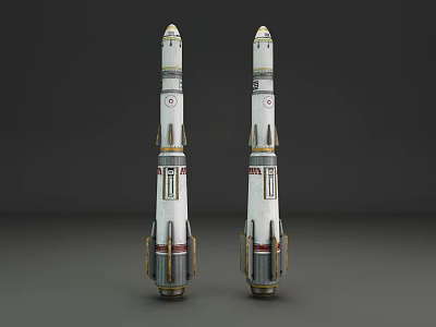 Two White Rocket Missile Weapon Models Featuring Red Stripes And Detailed Metallic Parts 3d model