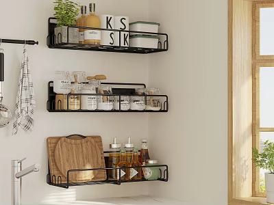 Kitchen Wall Mounted Shelves with Spice Jars Cutting Board and Condiments 3d model