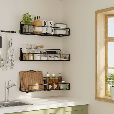 Kitchen Wall Mounted Shelves with Spice Jars Cutting Board and Condiments 3d model