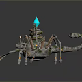 Mechanical Spider With Metal Legs Blue Gem Top Orange Eyes And Steampunk Design