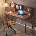 Wooden Desk With Beige Table Lamp Attached Bookshelf Laptop Brown Office Chair And Side Plant