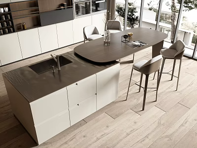 Modern Kitchen Bar Counter With Bar Stools Sink And Natural Light Through Windows 3d model