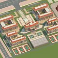 Aerial View of School Buildings with Classroom Blocks Football Field Central Square and Green Spaces